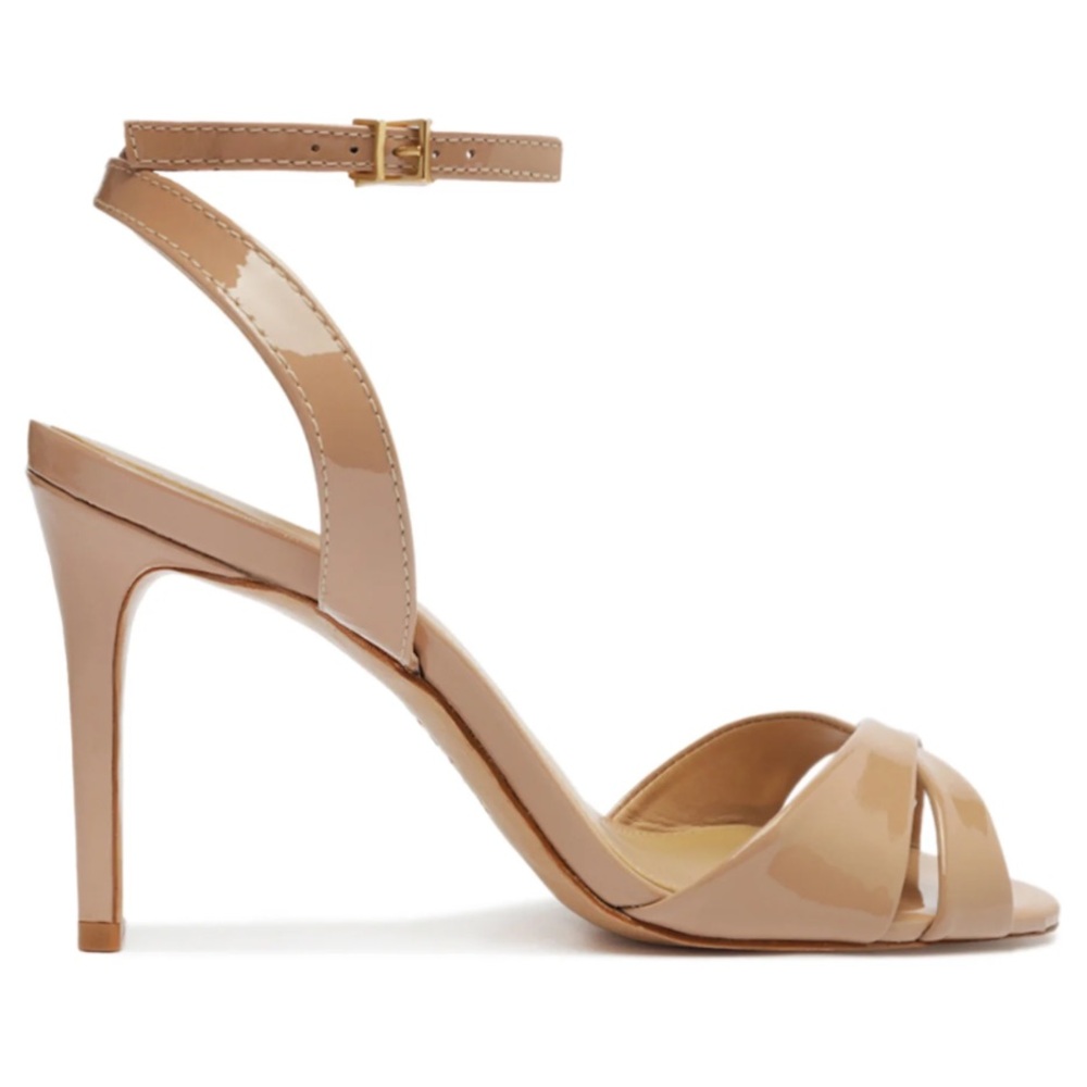 Schutz Hilda Patent Leather Sandal in Light Beige Size 6
